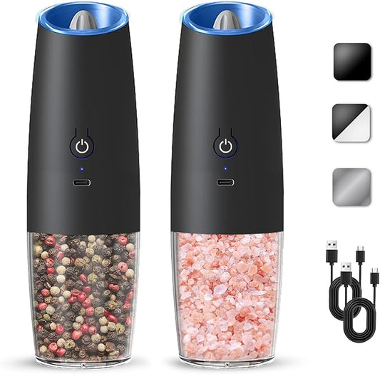 Rechargeable Electric Salt And Pepper Grinder Set, Automatic Gravity Electric Salt And Pepper Grinder Set, Adjustable Roughness, Led Light, 2 Pack, (Black) by KIARYUOLL