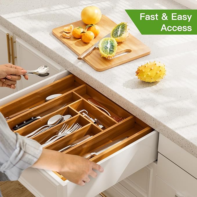 Pipishell Bamboo Expandable Drawer Organizer for Utensils Holder, Adjustable Silverware Organizer Cutlery Tray, Drawer Dividers for Utensils, Flatware, Knives in Kitchen, Bedroom, Living Room Brown - Image 6