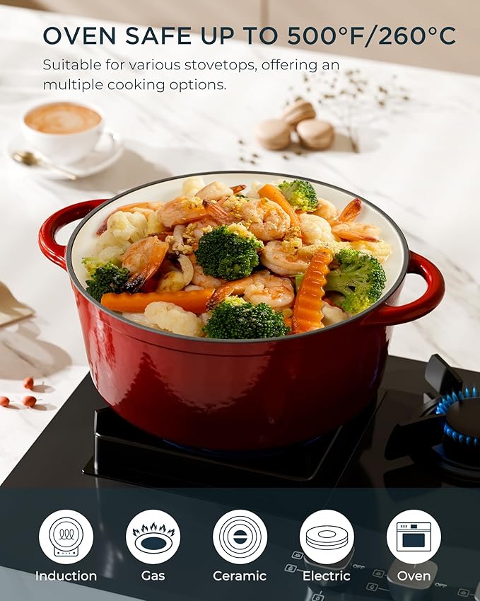 Enameled Cast Iron Dutch Oven - 6QT Pot with Lid & Cotton Potholders - Heavy-Duty Cookware for Braising, Stews, Roasting, Bread Baking, Oven Safe up to 500°F & Suitable for All Cooktops, Cherry Red - Image 5