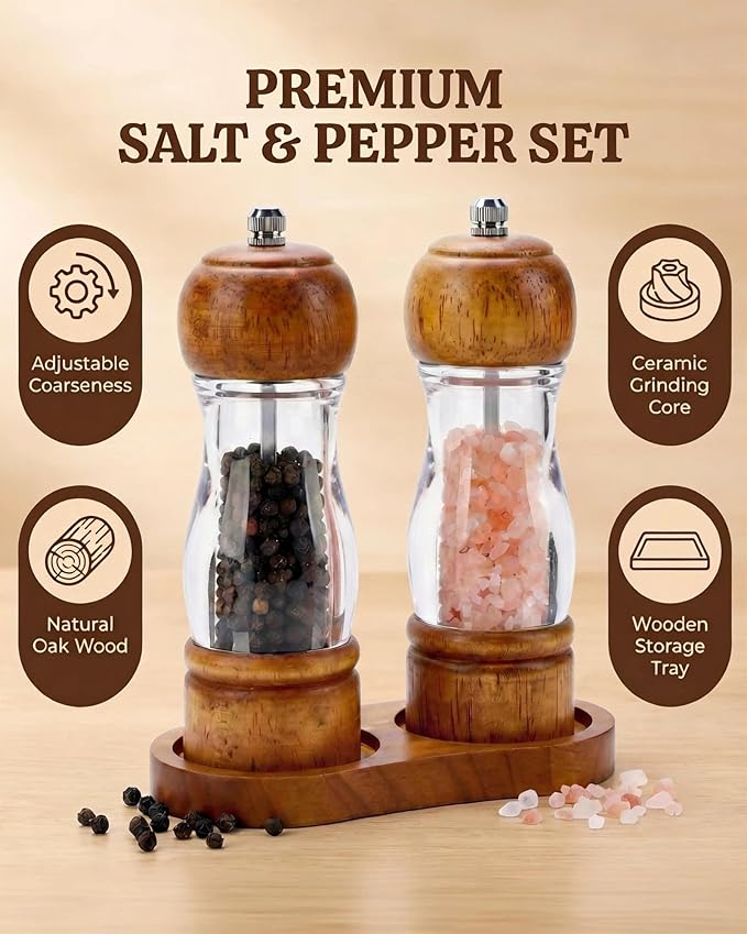 Wooden Salt and Pepper Grinder Set with Tray - 6.3 Inch Refillable Manual Pepper Mill & Sea Salt Grinder, Acrylic Window, Adjustable Ceramic Rotor for Peppercorns, House Warming Gifts - Image 2
