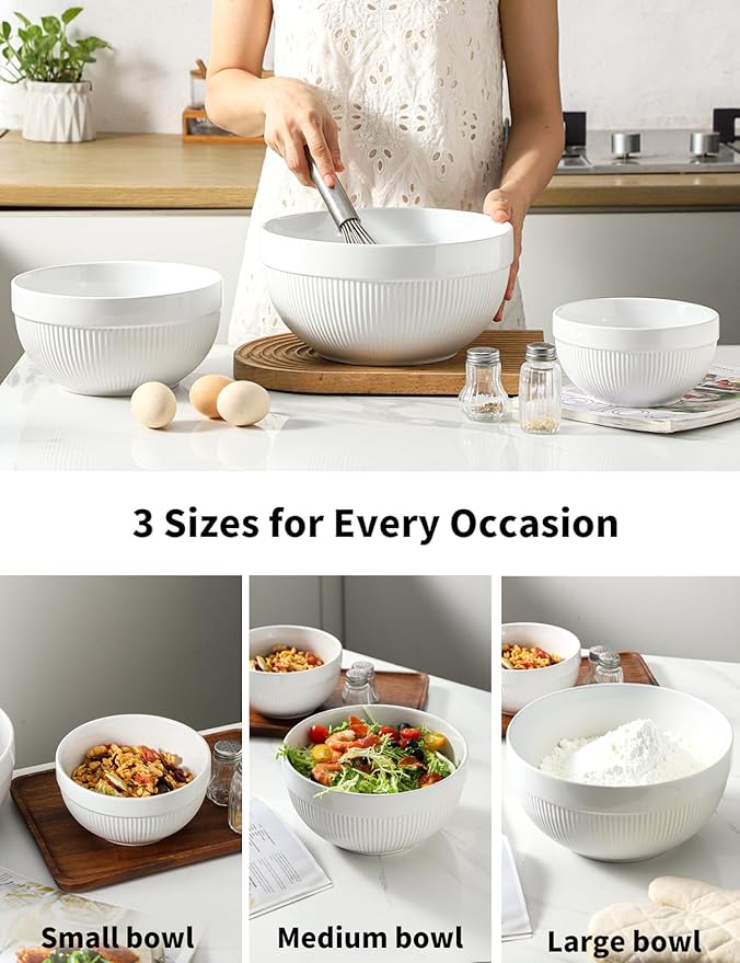 Large Ceramic Mixing Bowls, White Kitchen Bowls (1QT/2.3QT/4.6QT), Set of 3 Nesting Bowls for Baking, Cooking, Serving, Prepping, Dough Bread Making Bowl, Microwave and Dishwasher Safe - Image 4