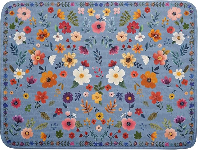 Colorful Flower Dish Drying Mat - Blue Large Floral Coffee Mat for Kitchen Counter Decor 18 X 24 by Giwawa