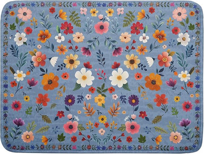 Colorful Flower Dish Drying Mat - Blue Large Floral Coffee Mat for Kitchen Counter Decor 18 X 24 by Giwawa