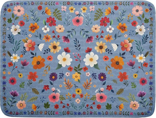 Colorful Flower Dish Drying Mat - Blue Large Floral Coffee Mat for Kitchen Counter Decor 18 X 24 by Giwawa