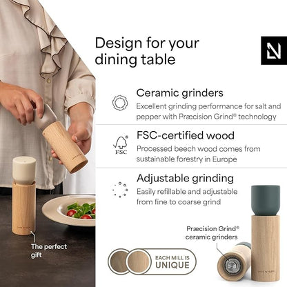 LARS NYSØM Wooden Salt and Pepper Grinder Set Manual with Tray - Salt and Pepper Mills with Adjustable Ceramic Grinder - Elegant Beechwood Pepper and Salt Mill Set for Dining Table (Stone Blue)