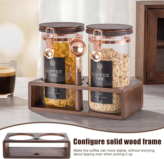 Glass Coffee & Sugar Canister Set, 2×45OZ Airtight Glass Storage Jars with Wooden Shelf and Scoop, Airtight Food Containers for Coffee Beans, Ground Coffee, Sugar and Tea（Rose Gold） - Image 6