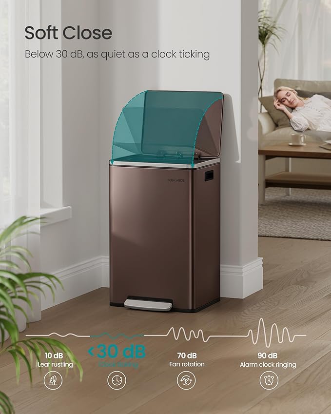 SONGMICS Trash Can, 13-Gallon Gabbage Can, with 15 Trash Bags, Stainless Steel, with Soft-Close Lid, Removable Inner Bucket, Handles, Red Brown ULTB595MZ01 - Image 3