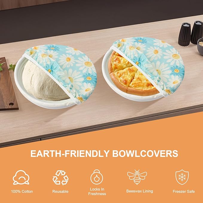 2Pcs Reusable Bowl Covers for Bread Proofing - Cotton Beeswax Bowl Covers Reusable with Elastic Rim, Eco-Friendly Sourdough Bowl Cover for Food Storage (10INCH) (Yellow & Blue daisy)
