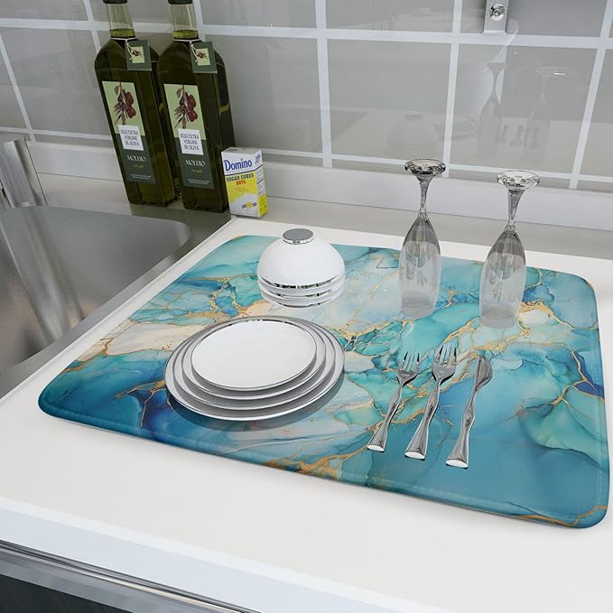 Marble Print Dish Drying Mat for Kitchen Counter,Blue Teal Turquoise Gold Drying Mat 18 x 24 Inch with Absorbent Reversible Microfiber Drying Pad for Coffee Bar - Image 6