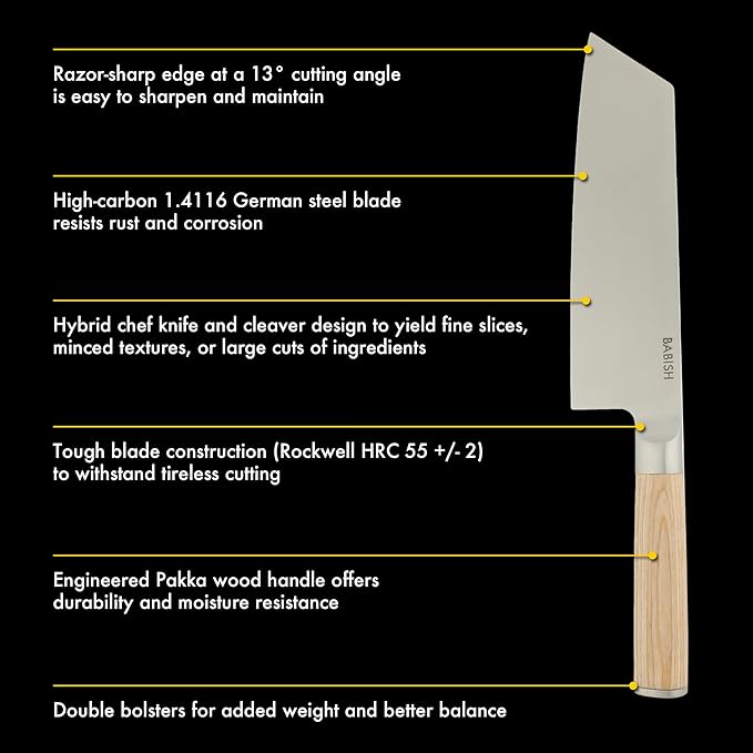 Babish 7.5-Inch Clef Knife – High-Carbon 1.4116 German Steel Kitchen Knife with Light Pakka Wood Handle, Chef & Cleaver Hybrid for Chopping, Slicing & Prep, Full-Tang, Razor Sharp, Ergonomic Design