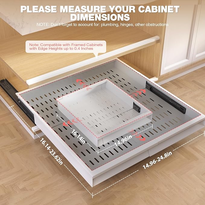 Seinloes 2 Pack Pull Out Cabinet Organizer With Raising Pad for Framed Cabinets,Expandable Width (15"-25") and Depth (17"-24"),3 Slide Rails Slide Out Drawers with Handle,No-Drill Roll Out Shelf,White - Image 2