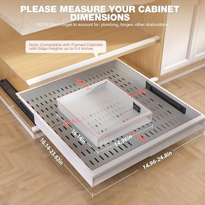 Seinloes 2 Pack Pull Out Cabinet Organizer With Raising Pad for Framed Cabinets,Expandable Width (15"-25") and Depth (17"-24"),3 Slide Rails Slide Out Drawers with Handle,No-Drill Roll Out Shelf,White - Image 2
