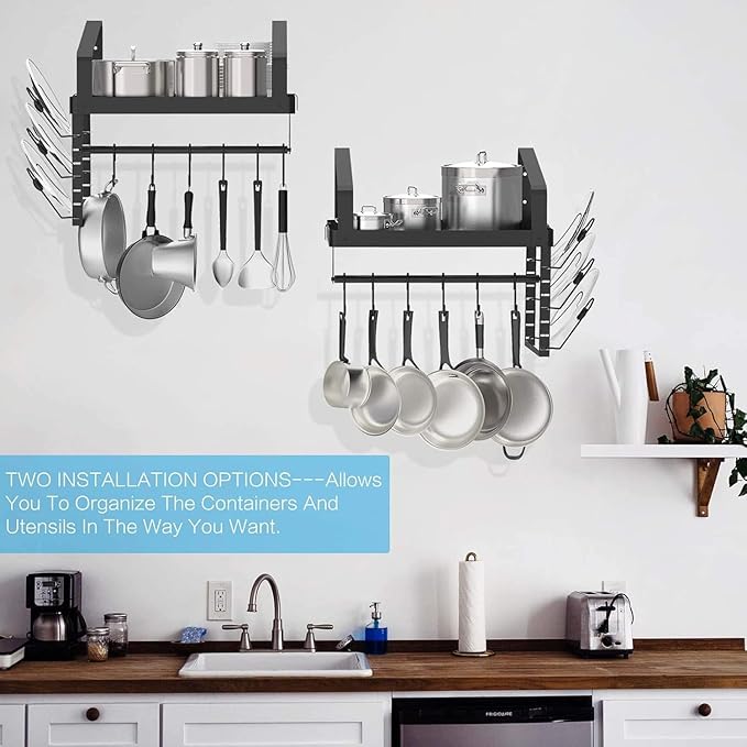 X-cosrack Pot Racks Wall Mounted Set of 2,with Towel Bar and Pots Pans Lids Organizer, Kitchen Cookware Hanging Shelves with 12 Hooks, Black - Image 9
