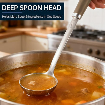 Safring Stainless Steel Soup Ladle and Spaghetti Spoon Set, Heat Resistant Rubber Handle, Dishwasher Safe, Kitchen Utensils for Cooking, Stirring, Serving Pasta, Soup & Sauce (Coffee) - Image 5