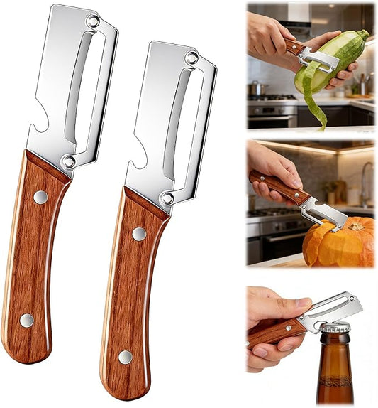 Premium Vegetable Peeler with Wooden Handle and Bottle Opener, Multifunctional 3-in-1 Stainless Steel Kitchen Tool for Fruit Apple Potato Pumpkin Papaya (Wood grain)