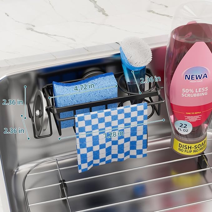 TAILI 4-in-1 Sink Caddy with Strong Suction Cup, Sponge Holder for Kitchen Sink Organizer, Removable, Rustproof, Stainless Steel Holder for Sponge, Brush, Scrubber, Scraper - Black - Image 3