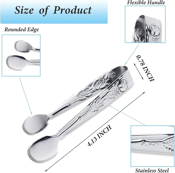 6PCS Mini Serving Tongs, 4Inch Rose Stainless Steel Sugar Cube Tongs, Sliver Small Ice Tong for Tea and Coffee Party, Appetizers, Desserts by Sunenlyst (6PCS Silver) - Image 2