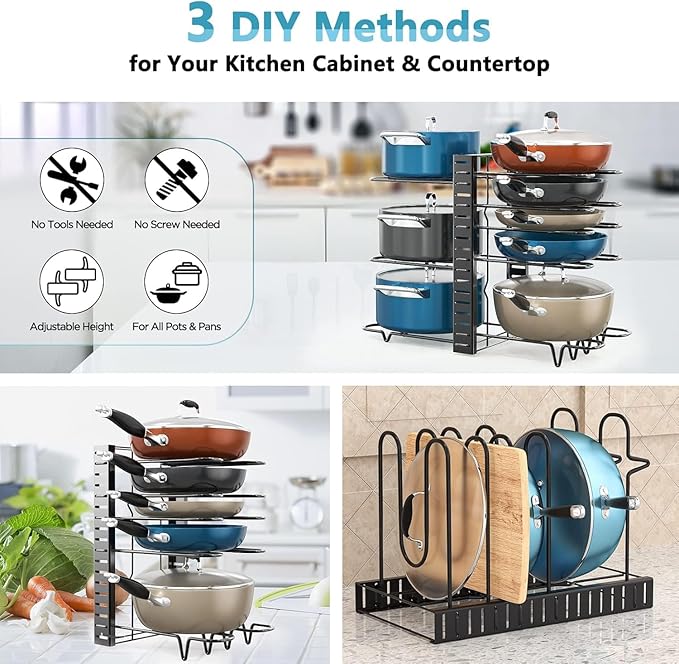 ORDORA Pots and Pans Organizer for Cabinet 16.61 Height, 8 Tier Pot Organizers Rack with 3 DIY Methods, Adjustable Pan Organizer under Cabinet Kitchen Organization and Storage - Image 3