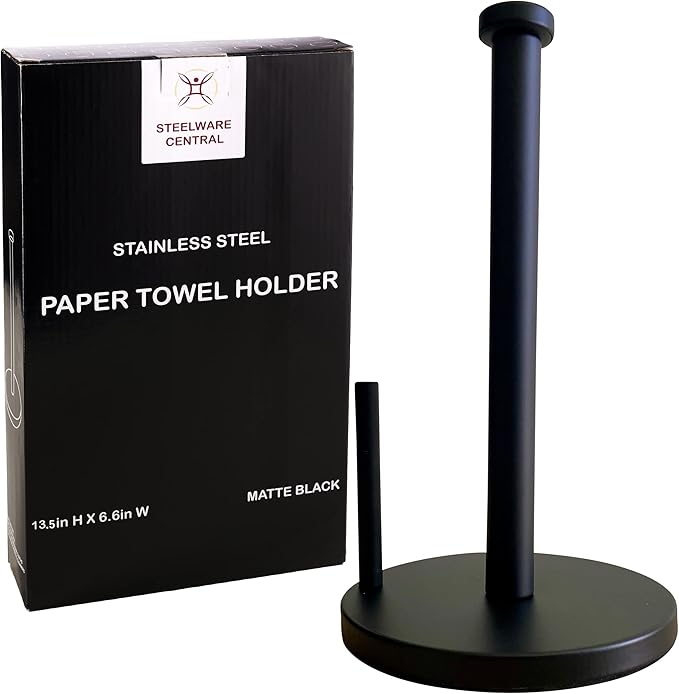 Black Paper Towel Holder Countertop Stainless Steel Paper Towel Stand with Weighted Non-Slip Base One-Handed Tear, Rust-Resistant Kitchen Roll Holder, Standard, Jumbo & Large Rolls by SteelwareCentral
