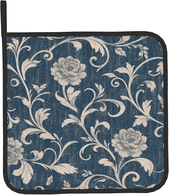 Navy Blue Oven Mitts and Pot Holders Vintage Floral Kitchen Accessories Set of 2 Teal Flowers Gloves Potholder for Chef Cooking Baking Grilling BBQ - Image 9