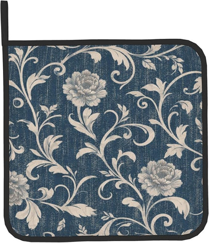 Navy Blue Oven Mitts and Pot Holders Vintage Floral Kitchen Accessories Set of 2 Teal Flowers Gloves Potholder for Chef Cooking Baking Grilling BBQ - Image 9