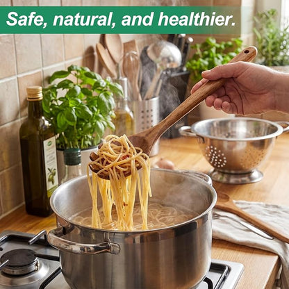 Wooden Ladles for Cooking, 2-Piece Soup Ladle & Pasta Spoon Set, Natural Teak Wood Soup Ladle and Slotted Spaghetti Spoon for Cooking, Serving and Stirring - Image 6