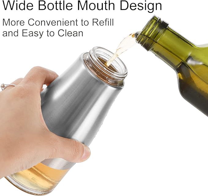 Tebery 2 Pack Silver Olive Oil and Vinegar Dispenser Set, 10OZ Oil Dispenser Cruet with Easy & Drip Free Pouring, Elegant Stainless Steel with Glass Bottom - Image 4