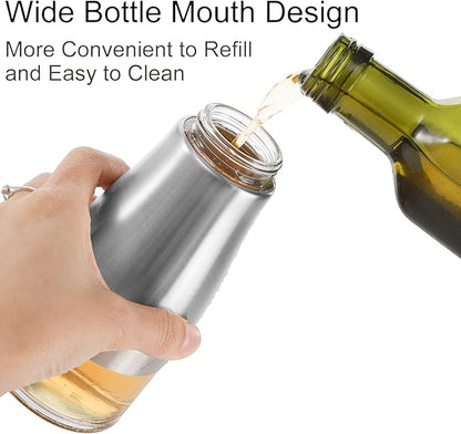 Tebery 2 Pack Silver Olive Oil and Vinegar Dispenser Set, 10OZ Oil Dispenser Cruet with Easy & Drip Free Pouring, Elegant Stainless Steel with Glass Bottom - Image 4