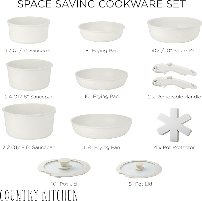 Country Kitchen Cookware Set with Removable Handle, Oven & RV Safe Pots and Pans Set, Cream, Deluxe Larger Set - Image 3