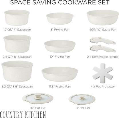 Country Kitchen Cookware Set with Removable Handle, Oven & RV Safe Pots and Pans Set, Cream, Deluxe Larger Set - Image 3