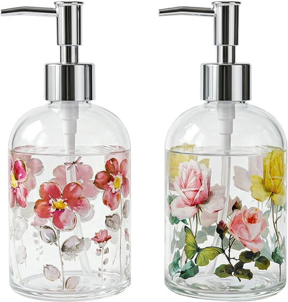 17oz Glass Soap Dispenser with Plastic Pump, 2 Pack Refillable Kitchen Soap Dispenser for Dish Soap, Soap Dispenser Bathroom for Hand Soap, Lotion, Body Wash(Flower)