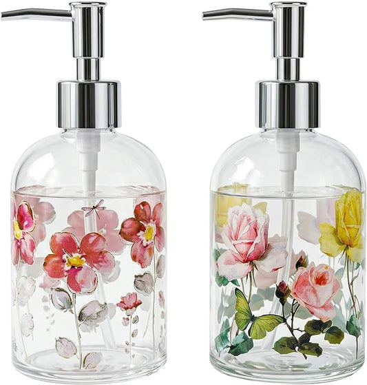 17oz Glass Soap Dispenser with Plastic Pump, 2 Pack Refillable Kitchen Soap Dispenser for Dish Soap, Soap Dispenser Bathroom for Hand Soap, Lotion, Body Wash(Flower)