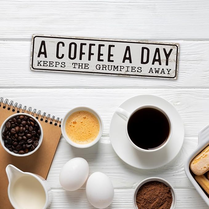 Coffee Signs Decor, A Coffee A Day Keeps the Grum Pies Away Sign, Farmhouse Wall Decor for Home, Vintage Bar or Dorm, Retro Metal Tin Sign, Decorative Metal Wall Signs 15.8x4 Inches - Image 5