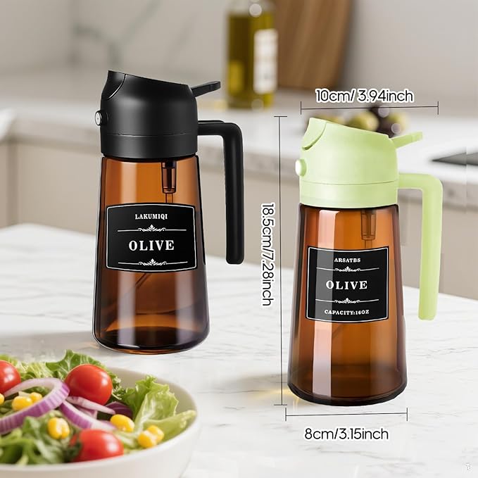 Oil Sprayer for Cooking 2 in 1 Olive Dispenser Bottle 16oz/470ml Kitchen Gadgets for Air Fryer, Salad, BBQ - Glass Mister Spray -Transparent Black