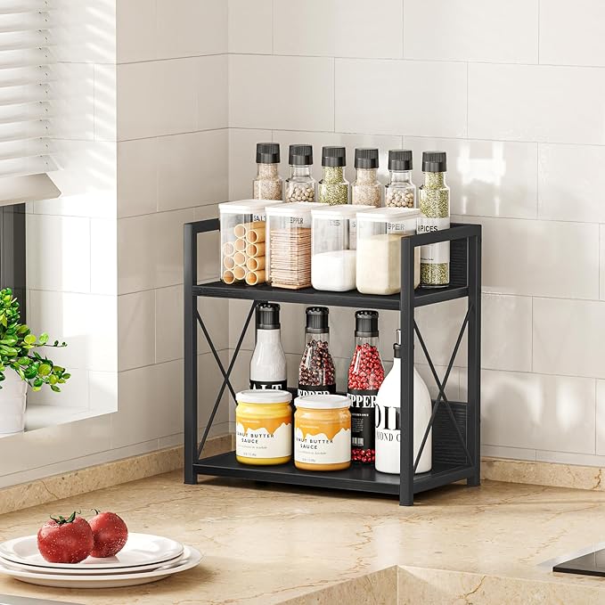 Giikin Countertop Organizer, 2 Tier Coffee Station Organizer for Desktop, Wood Counter Shelf Spice Rack for Kitchen (Black, M) - Image 5