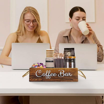 QUALLON Coffee Station Organizer with Small Removable Dividers, Wooden Coffee Bar Accessories Storage For Countertop, Farmhouse Kcup Coffee Pod Holder Basket With Handle For Coffee Lover - Image 5