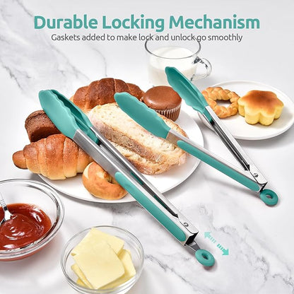 600ºF Heat Resistant Kitchen Tongs: U-Taste 9+12 inch Silicone Cooking Tong Set with Firm Sealed Non Stick Rubber Tips and Silicon Coated 18/8 Stainless Steel Handle for Serving Grilling (Aqua Sky) - Image 7