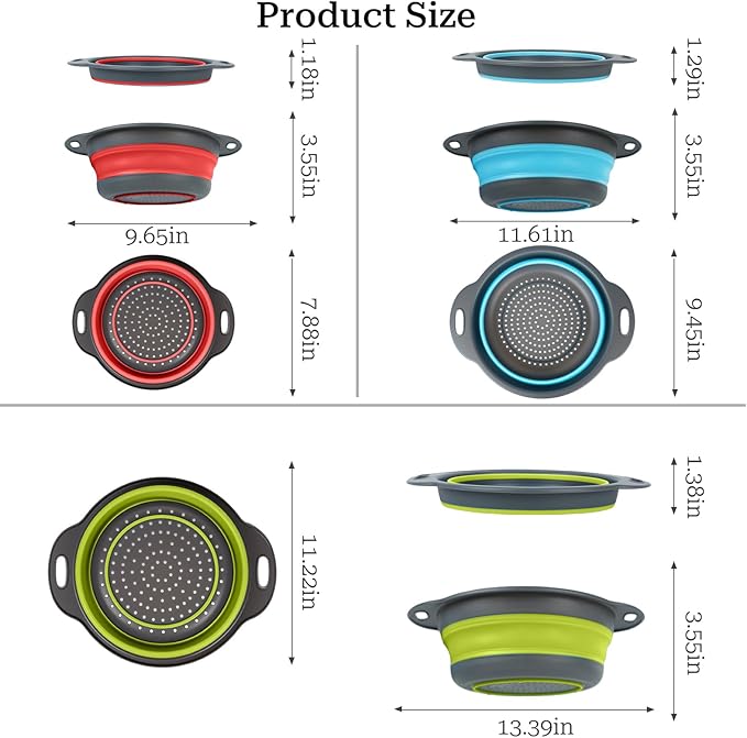 Collapsible Colander 3-Pack Set Space-Saving Foldable Kitchen Strainer with Non-Slip Base Durable Thickened PP+TPE Collapsible Strainers for Pasta, Vegetables, Fruits (Gray-Blue-Red-Green) - Image 2