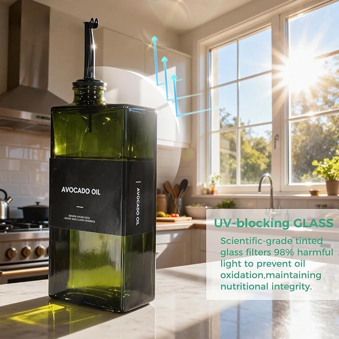 WISIMMALL Olive Oil Dispenser Bottle For Kitchen, 17OZ UV-Blocking Oil And Vinegar Dispenser Set Of 2, Soy Sauce Cooking Oil Dispenser with 2 Stainless Steel Pourers & 44 Labels - Image 2