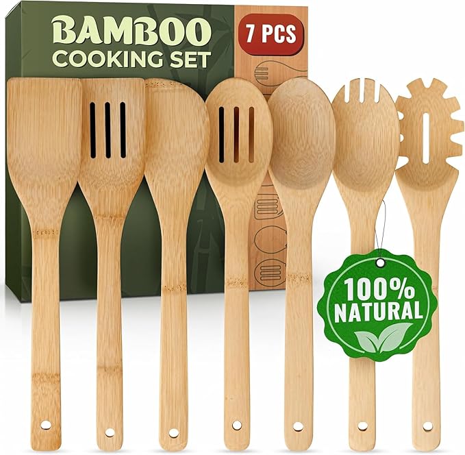 Wooden Utensil Set, Bamboo Utensils – 7 PCs Wood Spoons for Cooking, Easy to Clean, Sturdy, Lightweight & Heat Resistant by Woodenhouse