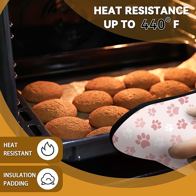 Cute Pink Cat Dog Paw Prints Pot Holder Set of 2,Heat Resistant Potholders Oven Hot Pads for Kitchen Cooking Baking BBQ