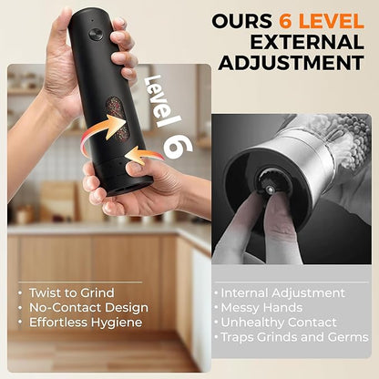 110ml Electric Salt and Pepper Grinder Set, Rechargeable salt and pepper shakers with LED Light, 2-Pack with Charging Base, External 6 Adjustable Coarseness, Holiday Gifts