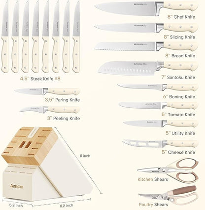 Knife Set,Astercook Kitchen Knife Set with Block 22-Piece Full Tang Stainless Steel Knives with Sharpener Dishwasher Safe and Anti-Slip Ergonomic Handle Elegant Cream White Utensils Set - Image 5