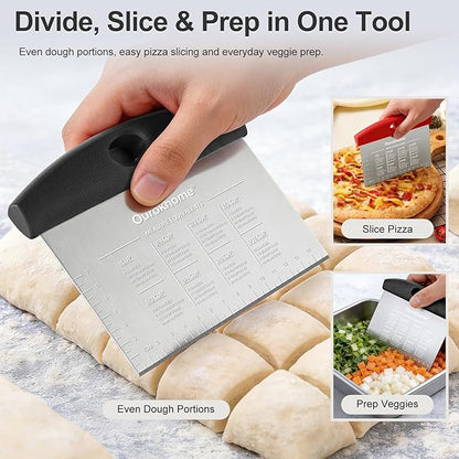 Ourokhome 2 Pack Bench Scraper Dough Cutter, Stainless Steel Dough Scraper with Laser-Etched Scale, Conversion Chart, Non-Slip Handle, Dishwasher Safe for Bread & Pastry, Black and Red - Image 4