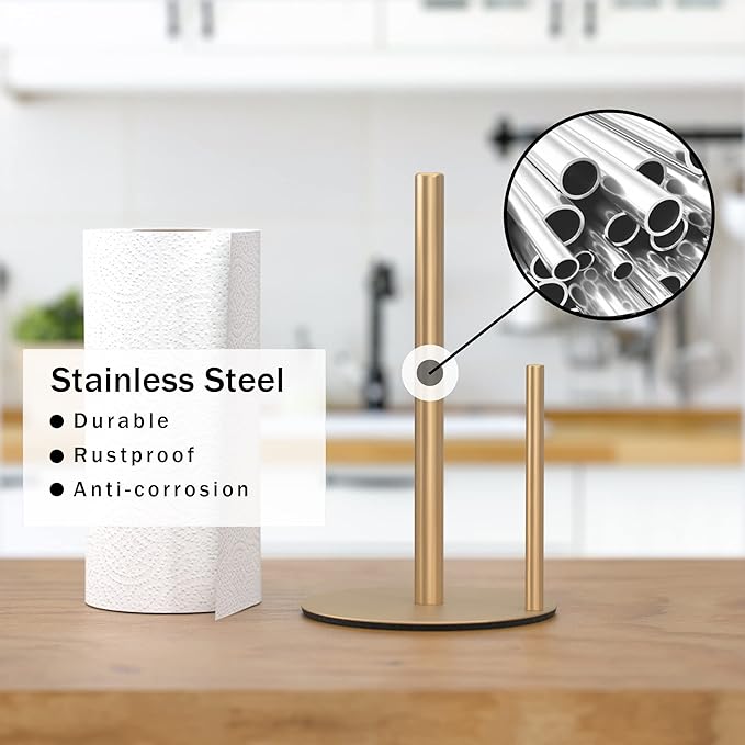 Paper Towel Holder Gold, Premium Stainless Steel Kitchen Roll Dispenser, Countertop Roll Organizer - Image 2
