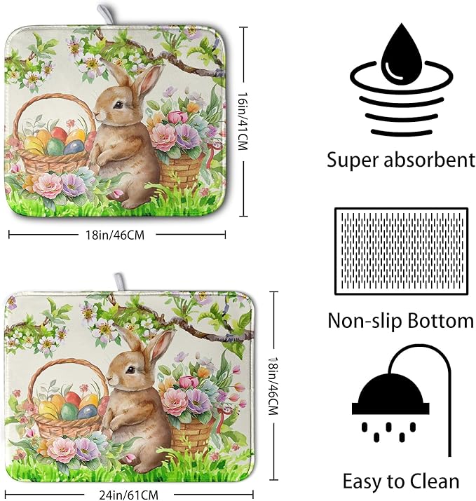 Easter Egg Bunny Dish Drying Mat for Kitchen Counter Floral Flower Basket Drying Mats Absorbent Dish Pad Spring Summer Holiday Medium Dish Draining Mat 18x24 inch - Image 2