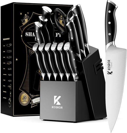 Kitchen Knife Set with Block: 15-Piece German Stainless Steel with Dual Sharpener for Beginners - Covers 95% Kitchen Tasks - Black Full-Tang Ergonomic Handle, Dishwasher Safe, Easy to Use