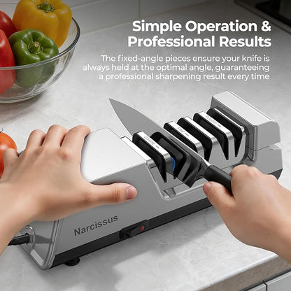 Narcissus Knife Sharpener, 3 Stages Diamond Electric Knife Sharpener for Stainless Steel and Ceramic Kitchen Knives, 40 Seconds Quick Repairing & Polishing, Open Design Port for Scissors Sharpening - Image 4