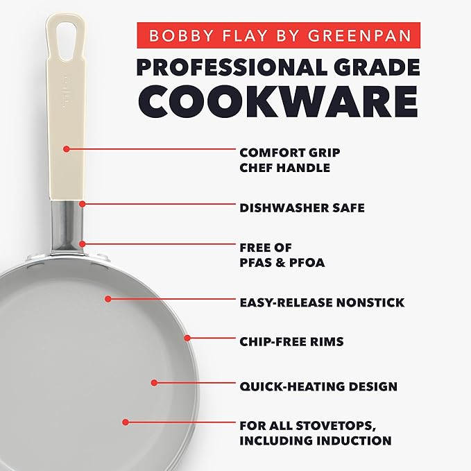 GreenPan x Bobby Flay 13 Piece Nonstick Cookware Pots and Pans Set, PFAS-Free Diamond Ceramic, Induction Suitable, Easy Clean Dishwasher & Oven Safe, Stay-Cool Silicone Handles, Glass Lids, Cream - Image 3