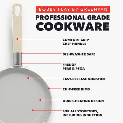 GreenPan x Bobby Flay 13 Piece Nonstick Cookware Pots and Pans Set, PFAS-Free Diamond Ceramic, Induction Suitable, Easy Clean Dishwasher & Oven Safe, Stay-Cool Silicone Handles, Glass Lids, Cream - Image 3